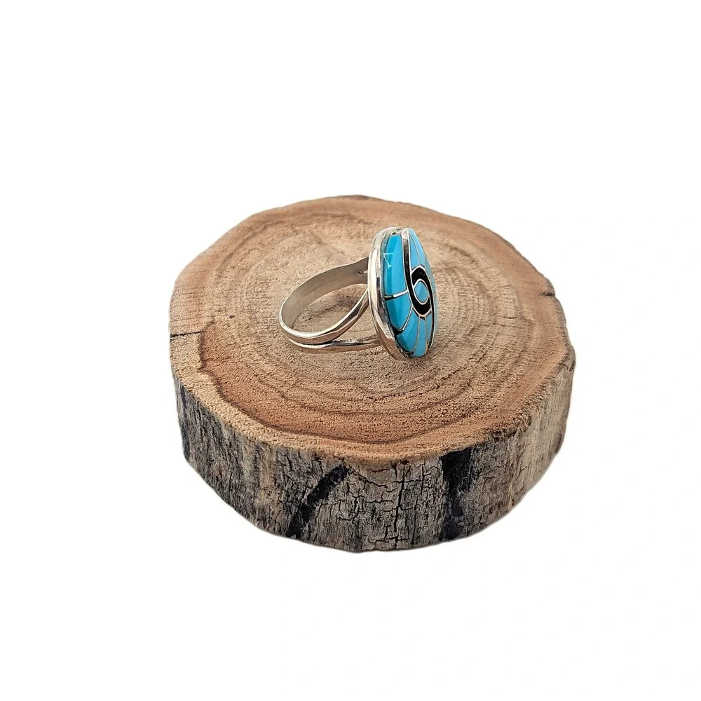 Zuni Hummingbird Ring Kingman RoundTurquoise Native American Jewelry Sz 7.75US**